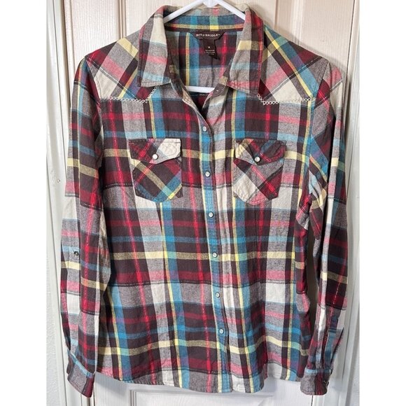 Bit & Bridle Womens Med Plaid Pearl Snap Long Sleeve Flannel Shirt - Picture 1 of 3
